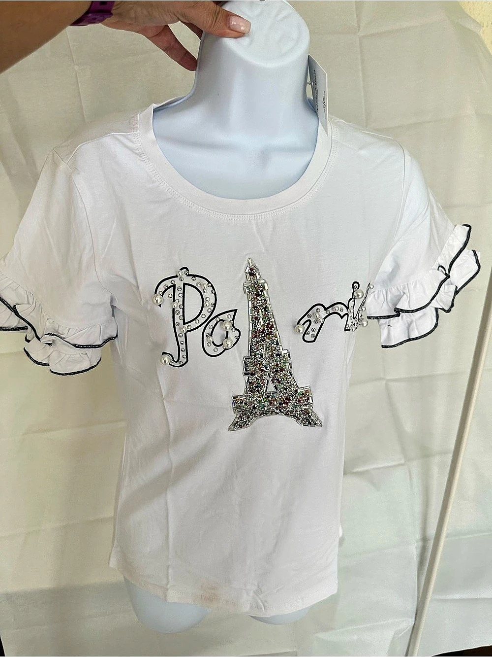 MiaoMiao Embellished Ruffle Sleeve Tee in White NWT